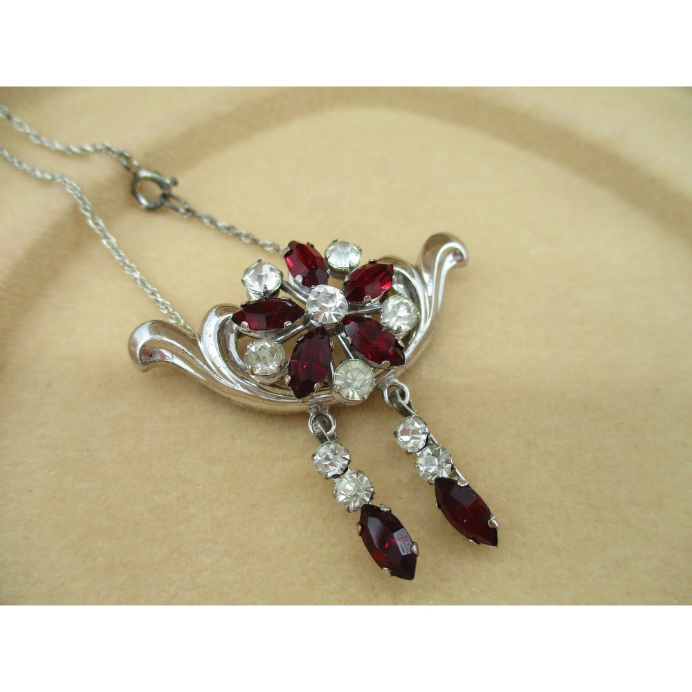 Vintage Van Dell Sterling Red Rhinestone Floral Dangle Charm Brooch Pendant